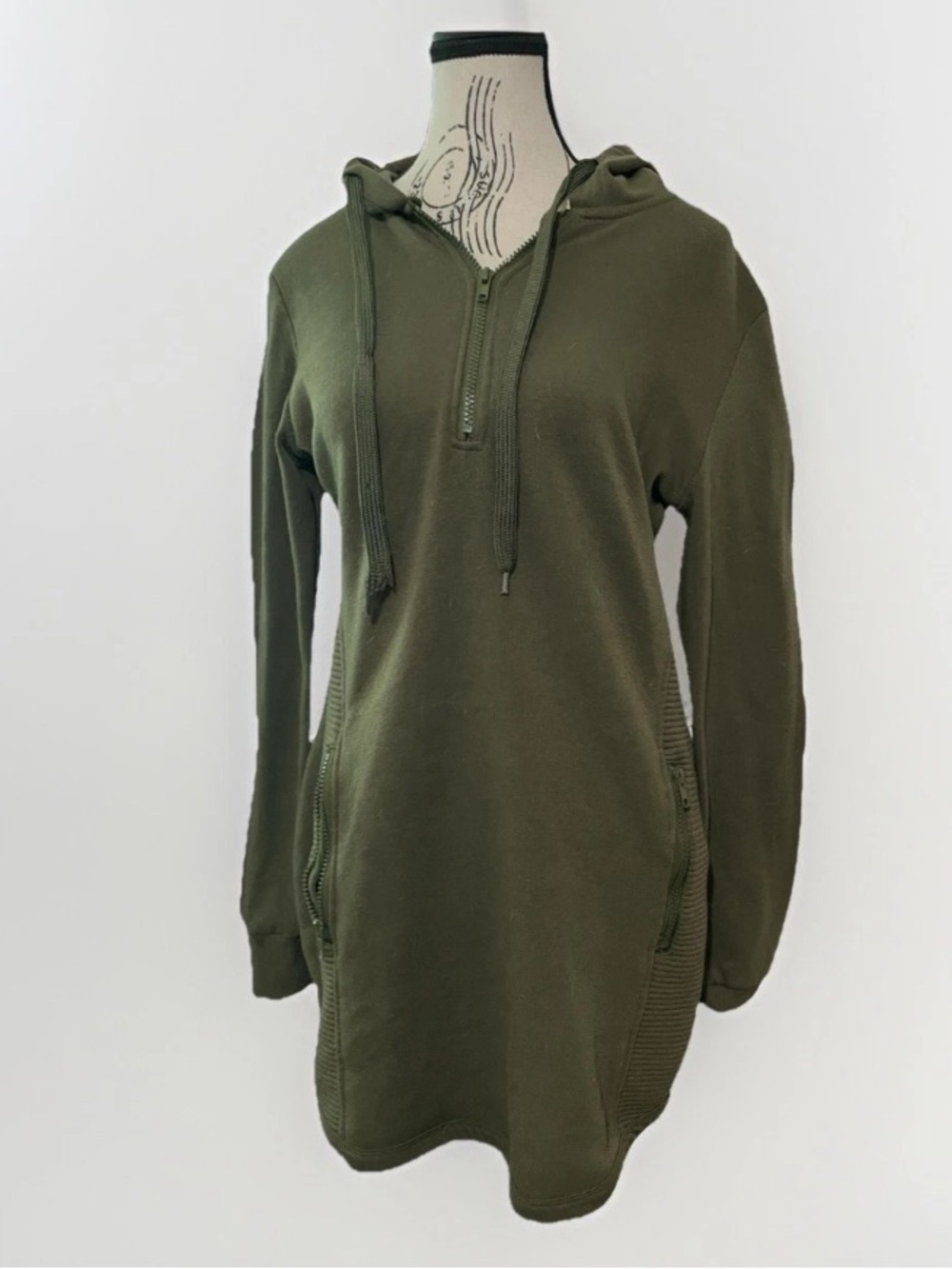 Roma Concepts Olive Green Hoodie Dress Quarter Zip Ribbed Side Size Medium